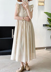 French Beige Ruffled Drawstring Cotton Dresses Butterfly Sleeve