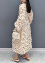 French Beige Sequins Patchwork Fuzzy Fur Fluffy Dresses Long Sleeve