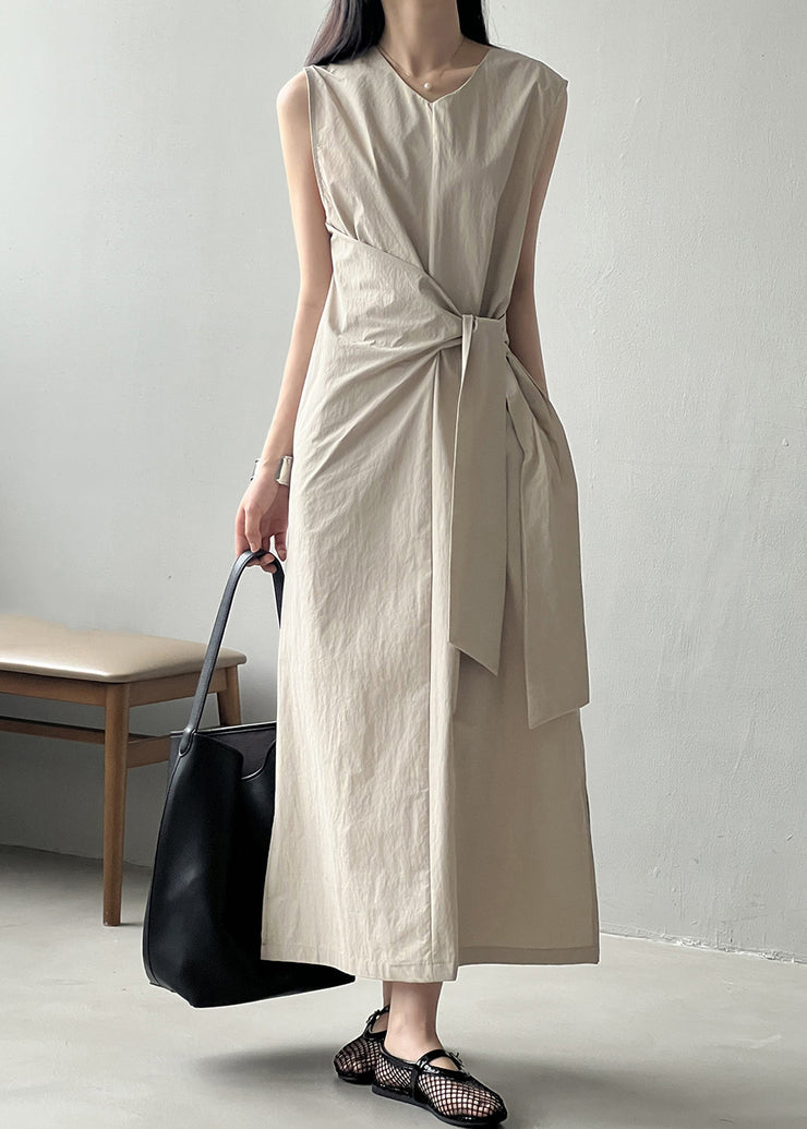 French Beige Side Open Pockets Cotton Long Dresses Sleeveless