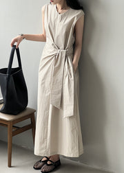 French Beige Side Open Pockets Cotton Long Dresses Sleeveless