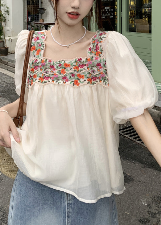 French Beige Square Collar Embroidered Shirts Puff Sleeve