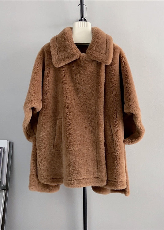 French Beige Square Collar Pockets Wool Cape Coats Winter