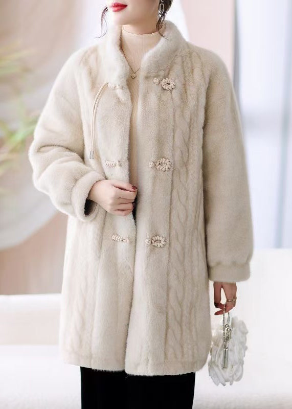 French Beige Stand Collar Button Pockets Mink Hair Coat Winter