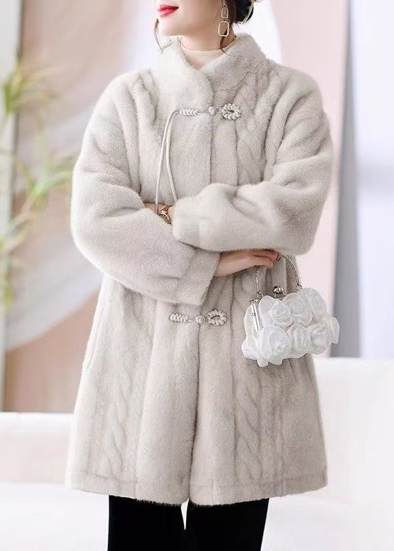 French Beige Stand Collar Button Pockets Mink Hair Coat Winter