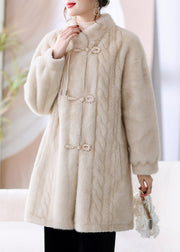 French Beige Stand Collar Button Pockets Mink Hair Coat Winter