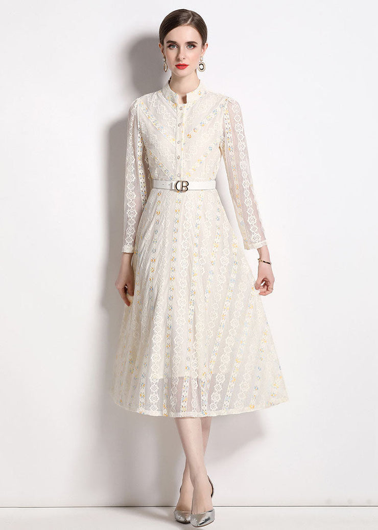 French Beige Stand Collar Embroideried Patchwork Lace Dresses Fall