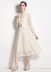 French Beige Stand Collar Embroideried Patchwork Lace Dresses Fall