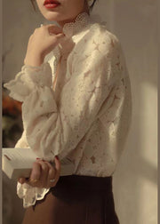 French Beige Stand Collar Lace Warm Fleece Top Long Sleeve