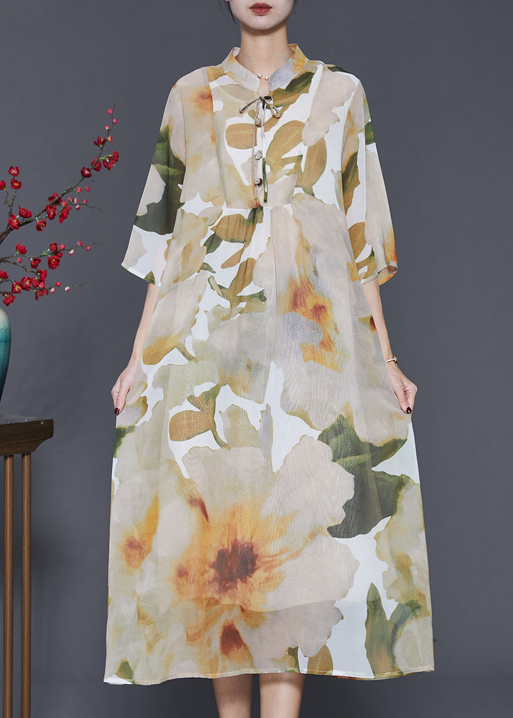 French Beige Stand Collar Print Chiffon Dress Summer