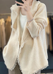 French Beige Tasseled Patchwork Cozy Wool Cardigan Fall