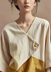 French Beige V Neck Button Linen Shirt Batwing Sleeve
