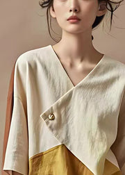 French Beige V Neck Button Linen Shirt Batwing Sleeve
