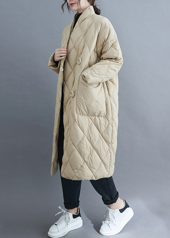 French Beige V Neck Button Pockets Cotton Filled Long Parka Winter