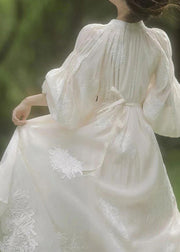 French Beige V Neck Embroidered Silk Dress Lantern Sleeve