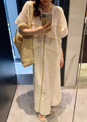 French Beige V Neck Hollow Out Cotton Long Dress Summer