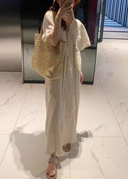 French Beige V Neck Hollow Out Cotton Long Dress Summer