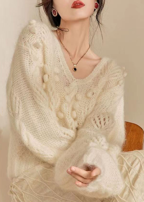 French Beige V Neck Hollow Out Knit Sweater Tops Spring