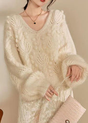 French Beige V Neck Hollow Out Knit Sweater Tops Spring