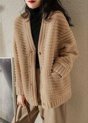 French Beige V Neck Pockets Patchwork Wool Jackets Winter