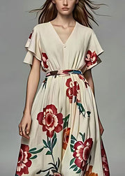 French Beige V Neck Print Cotton Long Dress Summer