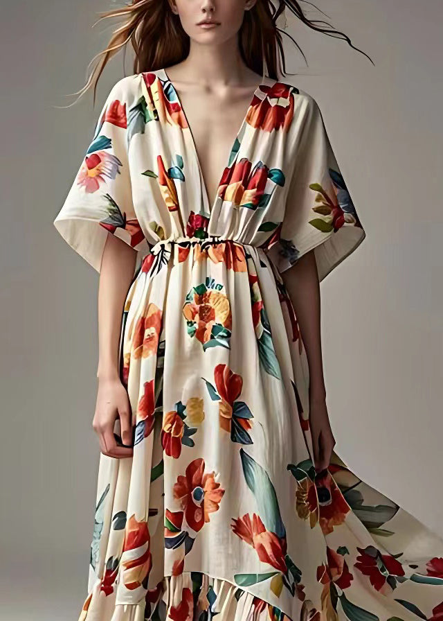 French Beige V Neck Print High Waist Cotton Dress Summer