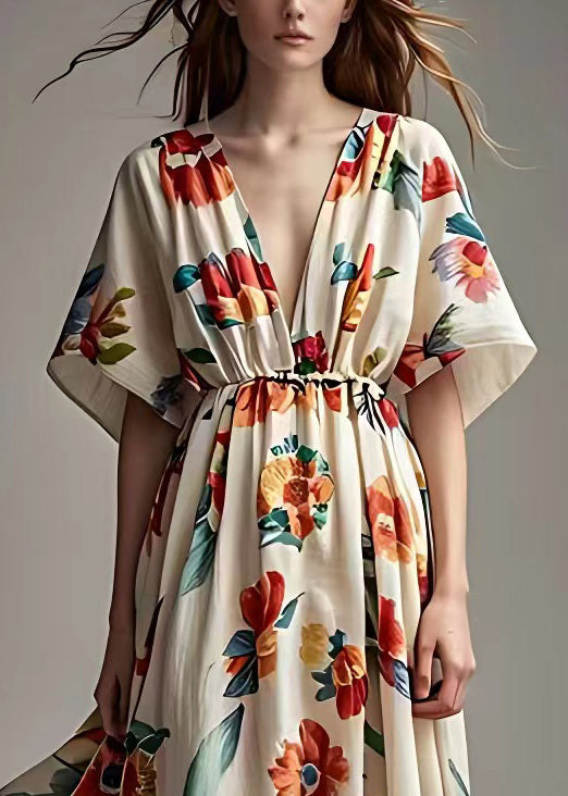 French Beige V Neck Print High Waist Cotton Dress Summer