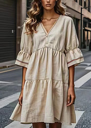 French Beige V Neck Wrinkled Patchwork Cotton Dresses Summer