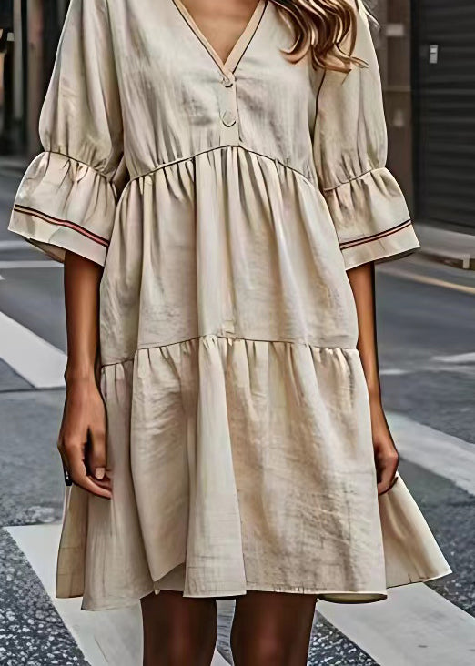 French Beige V Neck Wrinkled Patchwork Cotton Dresses Summer