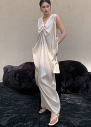 French Beige V Neck Wrinkled Silk Long Dress Sleeveless