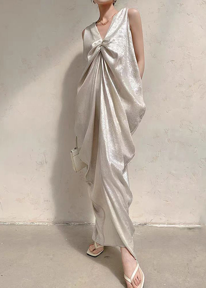 French Beige V Neck Wrinkled Silk Long Dress Sleeveless