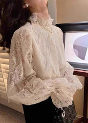 French Beige Warm Fleece Hollow Out Lace Top Petal Sleeve