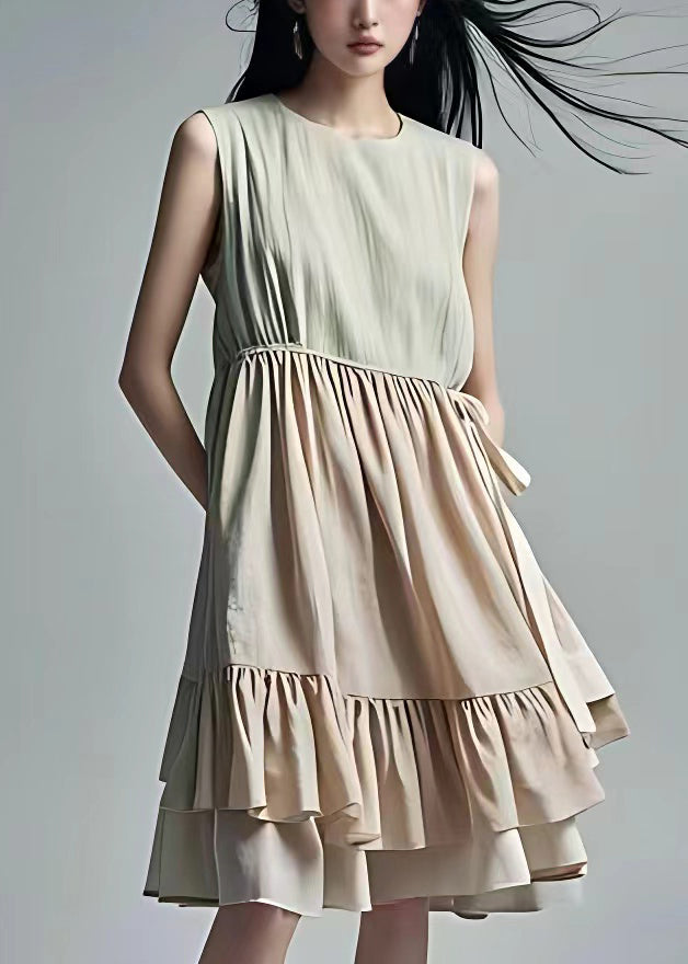 French Beige Wrinkled Lace Up Cotton Dress Sleeveless