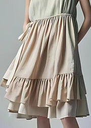 French Beige Wrinkled Lace Up Cotton Dress Sleeveless