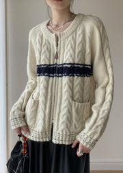 French Beige Zip Up Cozy Knit Sweater Spring