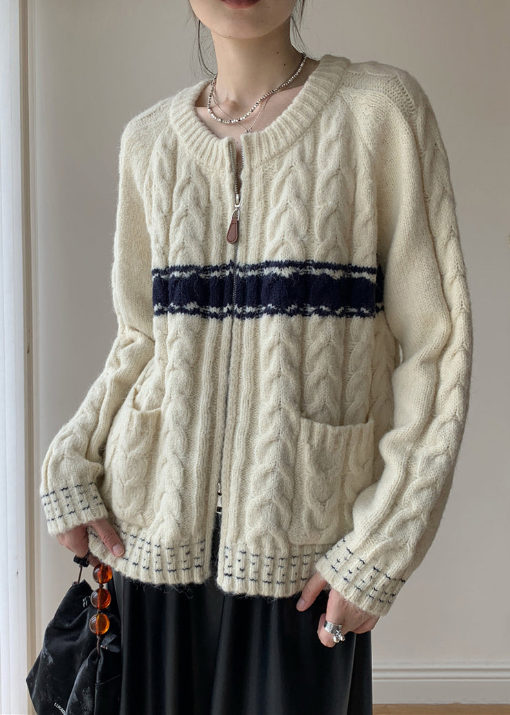 French Beige Zip Up Cozy Knit Sweater Spring