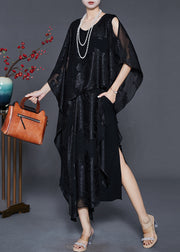 French Black Asymmetrical Cold Shoulder Silk Dress Summer