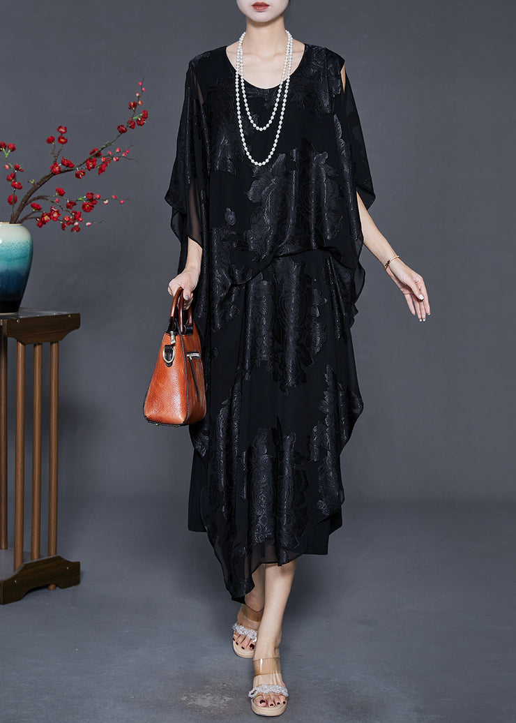 French Black Asymmetrical Cold Shoulder Silk Dress Summer