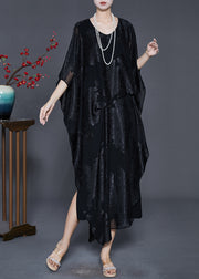 French Black Asymmetrical Cold Shoulder Silk Dress Summer