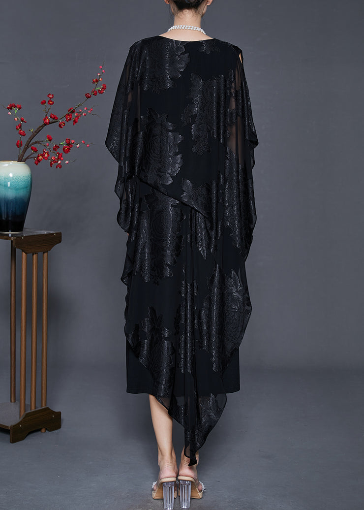 French Black Asymmetrical Cold Shoulder Silk Dress Summer