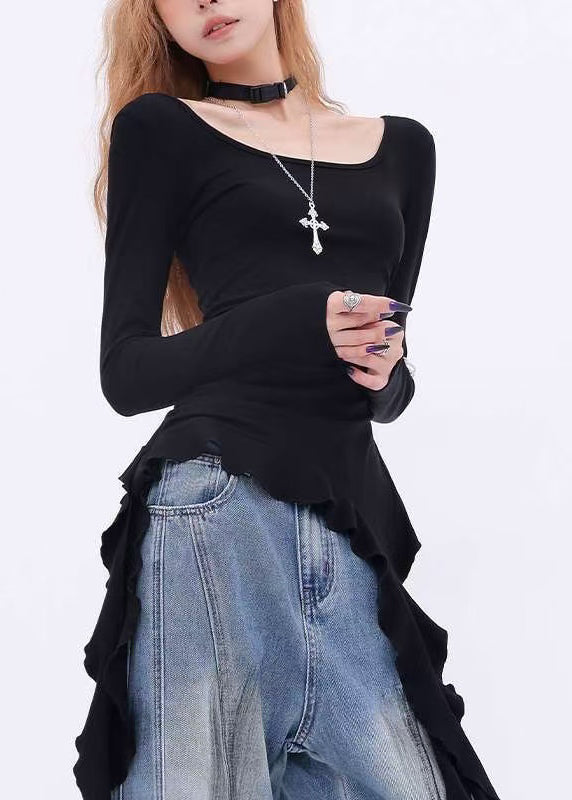 French Black Asymmetrical Cotton One Shoulder Tops Spring