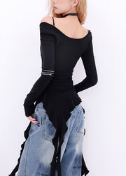 French Black Asymmetrical Cotton One Shoulder Tops Spring