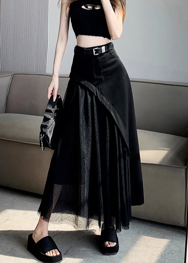 French Black Asymmetrical Design Patchwork Tulle Pleated Skirt Summer