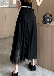 French Black Asymmetrical Design Patchwork Tulle Pleated Skirt Summer