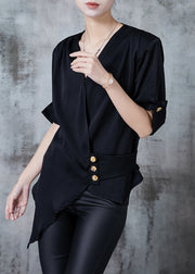 French Black Asymmetrical Golden Buttons Chiffon Shirt Top Summer