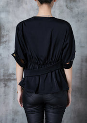 French Black Asymmetrical Golden Buttons Chiffon Shirt Top Summer