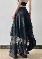 French Black Asymmetrical Lace Patchwork Skirt Summer