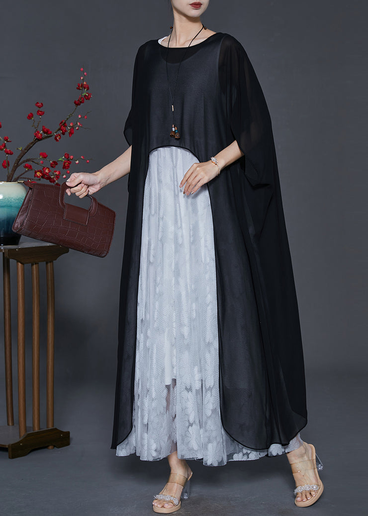 French Black Asymmetrical Oversized Chiffon Long Dress Summer