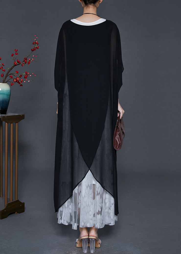 French Black Asymmetrical Oversized Chiffon Long Dress Summer