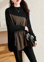 French Black Asymmetrical Patchwork Drawstring Knit Sweaters Fall