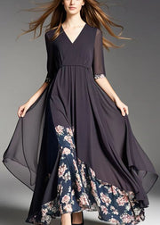 French Black Asymmetrical Patchwork Print Chiffon Robe Dresses Summer